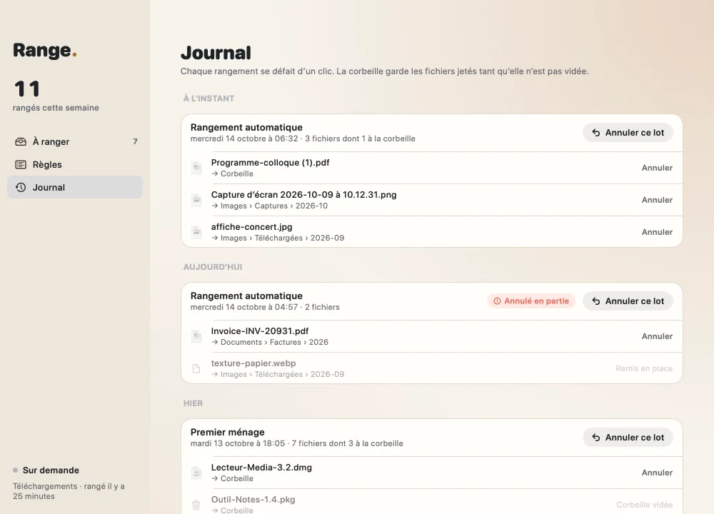 Le Journal de Range : les derniers rangements, chacun avec son bouton « Annuler ce lot »