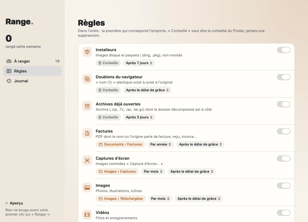 Les règles de Range : installeurs, doublons du navigateur, archives déjà ouvertes, factures, captures d'écran, images